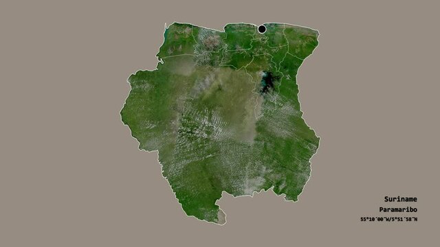 Para, district of Suriname, with its capital, localized, outlined and zoomed with informative overlays on a satellite map in the Stereographic projection. Animation 3D