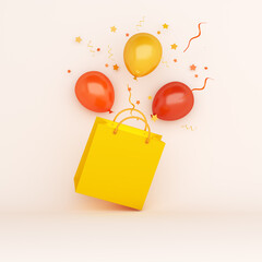 Autumn sale concept, flying shopping bag orange balloons and confetti on background, halloween, copy space text, 3D illustration.