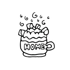 new year drink marshmallows isolated black and white. Single hand drawn element cocoa with marshmallow for New Year and Xmas greeting cards, posters, stickers and seasonal design. 