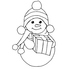 Sketching style snowmen and christmas gift boxes doodles. Hand drawn snowman isolated on a white background.