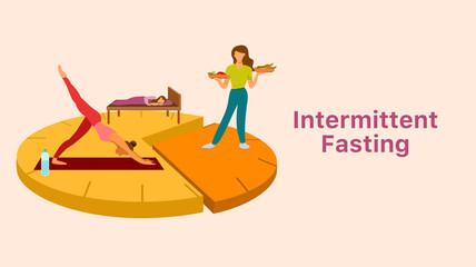 Intermittent fasting concept. 8 hours of eating period and 16 hours of fasting period. A woman doing yoga, having meal and sleeping on divided clock. Vector illustration, flat design