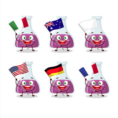 Purple potion cartoon character bring the flags of various countries