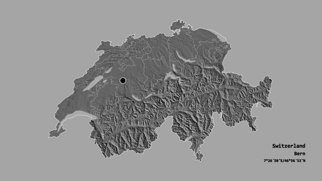 Basel-Landschaft, canton of Switzerland, with its capital, localized, outlined and zoomed with informative overlays on a bilevel map in the Stereographic projection. Animation 3D