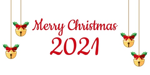 Merry Christmas 2021 Banner with Hanging Jingle Bells