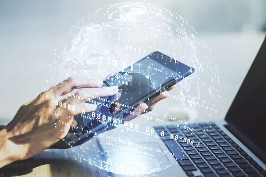 Double exposure of abstract programming language hologram with world map and finger clicks on a digital tablet on background, research and development concept