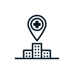 Hospital location outline icons. Vector illustration. Editable stroke. Isolated icon suitable for web, infographics, interface and apps.