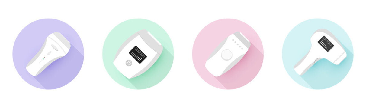 Photo and laser epilator. Hair removal procedure. Set of signs for beauty salon. Modern vector illustration in flat cartoon style.