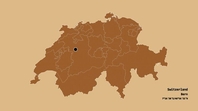 Gen&egrave;ve, canton of Switzerland, with its capital, localized, outlined and zoomed with informative overlays on a solid patterned map in the Stereographic projection. Animation 3D