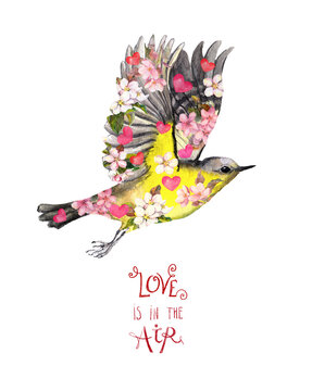 Flying bird and text "Love in the air", watercolor illustration . Beautiful little tit with flowers and hearts isolated on white background. Creative abstract spring card for Valentine day
