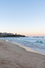 Empty beach and white sand at sunset. Beach landscape background concept.