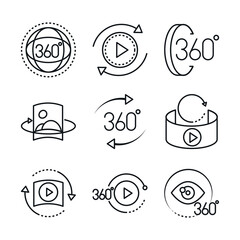 360 degree view virtual tour image panorama linear style icons set design