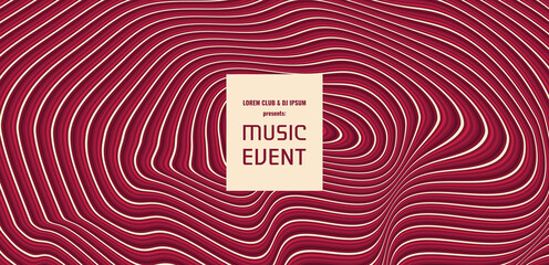Music event invitation template. Abstract striped background with optical illusion.  3D vector illustration for cover, poster, flyer or banner.