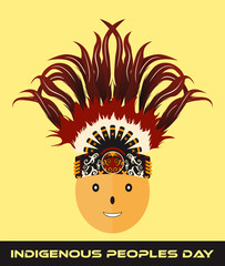 International Day of World's Indigenous People. Vector Flat Illustration of a indigen man with a crown of feathers. Tribal Painting.