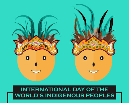 International Day of Indigenous Peoples of the World. Flat Vector Illustration of two native men with feather crowns. Tribal Painting.