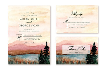 wedding invitation set with mountain and lake landscape watercolor background