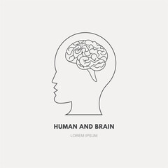 Vector line illustration. The human and his brain. Isolated on gray background.