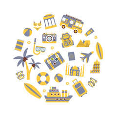Travel Sights and Symbols Pattern of Round Shape, Summer Adventures Vector Illustration