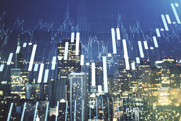 Abstract virtual financial graph hologram on San Francisco skyline background, forex and investment concept. Multiexposure