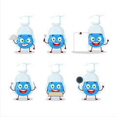 Cartoon character of blue potion with various chef emoticons