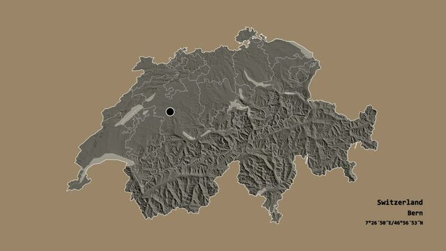 Solothurn, canton of Switzerland, with its capital, localized, outlined and zoomed with informative overlays on a administrative map in the Stereographic projection. Animation 3D