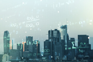 Scientific formula illustration on Los Angeles cityscape background, science and research concept. Multiexposure