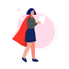 Businesswoman Wearing Red Cape with Paper Documents, Successful Superhero Business Character, Leadership, Challenge Goal Achievement Vector Illustration
