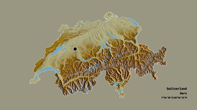 Solothurn, canton of Switzerland, with its capital, localized, outlined and zoomed with informative overlays on a relief map in the Stereographic projection. Animation 3D