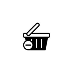 Remove from basket Icon in black flat glyph, filled style isolated on white background