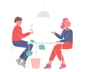 Young Couple Sitting at the Table, Drinking Coffee and Talking, Meeting of Friends or Colleagues Vector Illustration on White Background
