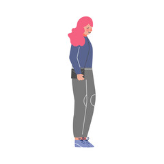 Side View of Standing Young Woman in Casual Clothes with Bag Vector Illustration on White Background