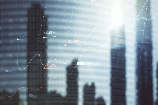 Multi exposure of abstract statistics data hologram interface on blurry cityscape background, computing and analytics concept