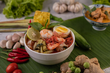 Tom Yum Noodles with Shrimp and Boiled Eggs.