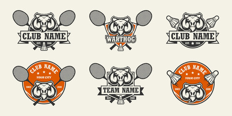 Warthog head sport logo. Set of badminton emblems, badges, logos and labels. Design element for company logo, label, emblem, apparel or other merchandise. Scalable and editable Vector illustration.