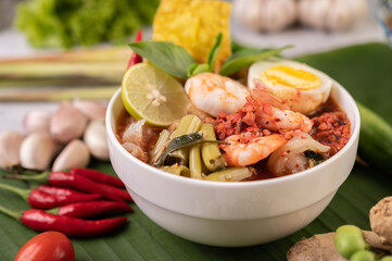 Tom Yum Noodles with Shrimp and Boiled Eggs.