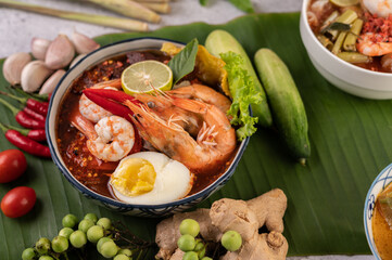 Tom Yum Noodles with Shrimp and Boiled Eggs.