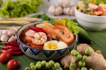 Tom Yum Noodles with Shrimp and Boiled Eggs.