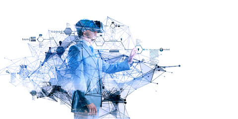 Businessman in VR glasses . Mixed media