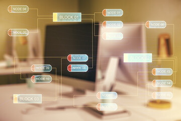 Double exposure of abstract creative programming illustration on computer background, big data and blockchain concept