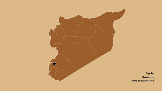 Damascus, province of Syria, with its capital, localized, outlined and zoomed with informative overlays on a solid patterned map in the Stereographic projection. Animation 3D