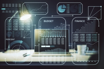 Multi exposure of abstract graphic data spreadsheet sketch on modern computer background, analytics and analysis concept