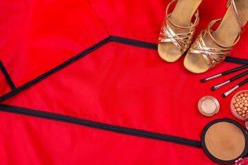 Ballroom dance accessories. Set for dance competition. Red background. Flat lay composition, promotional banner, Design template for advertising poster.