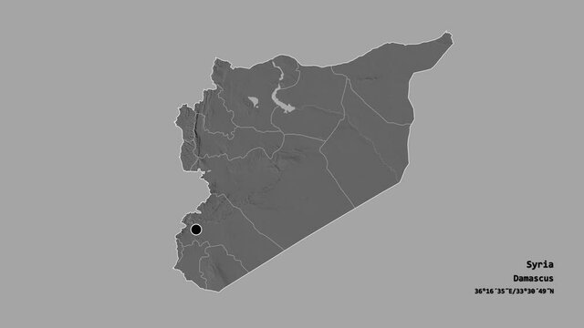 Hims, province of Syria, with its capital, localized, outlined and zoomed with informative overlays on a bilevel map in the Stereographic projection. Animation 3D
