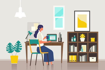 Stay at home concept. Vector illustration of woman in the study room. Woman checking internet by computer.