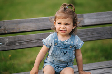 Adorable little girl laughing. Beautiful female kid in denim sitting on the bench in park. Happy little girl smile. Eighteen month