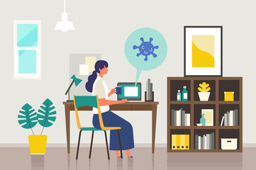 Fototapeta premium Stay at home concept. Vector illustration of woman in the study room. Woman checking about coronavirus topics by computer.