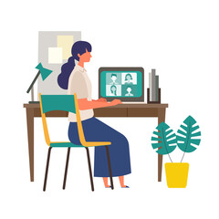 Stay at home concept. Vector illustration of woman in the study room. Concept for any telework illustration, free lance workers, workers at home.