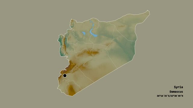 Lattakia, province of Syria, with its capital, localized, outlined and zoomed with informative overlays on a relief map in the Stereographic projection. Animation 3D