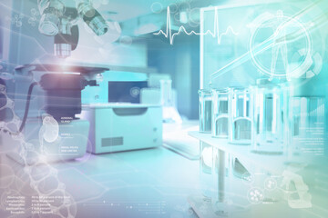 microbiology research background or texture - proofs and microscope in facility - conceptual medical 3D illustration
