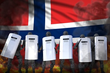 Norway protest fighting concept, police swat in heavy smoke and fire protecting order against mutiny - military 3D Illustration on flag background