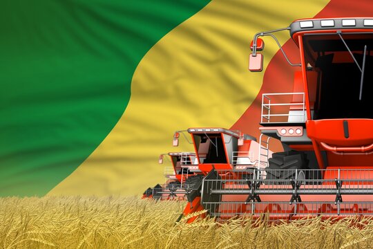 industrial 3D illustration of 3 red modern combine harvesters with Congo flag on farm field - close view, farming concept